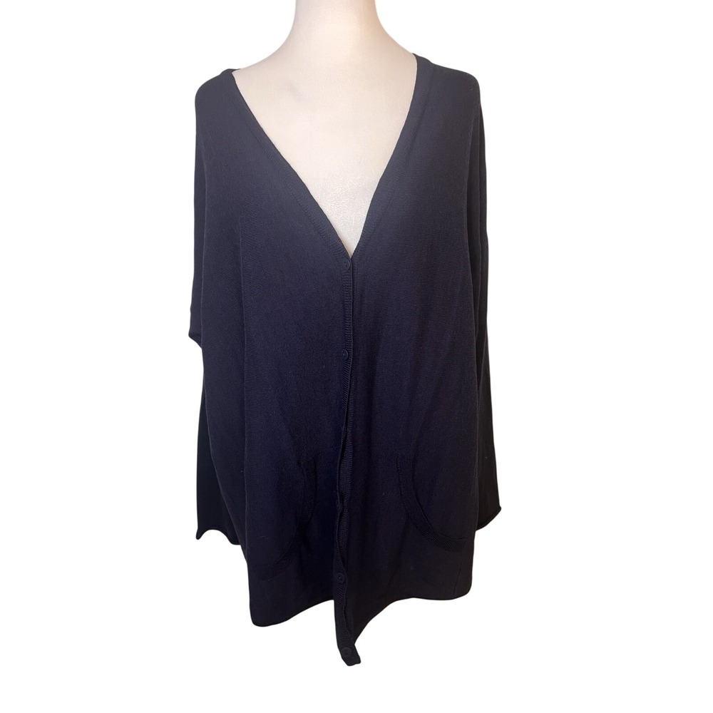 Eileen Fisher Navy Blue 100% Merino Wool Long Cardigan Sweater Large L/G V-Neck